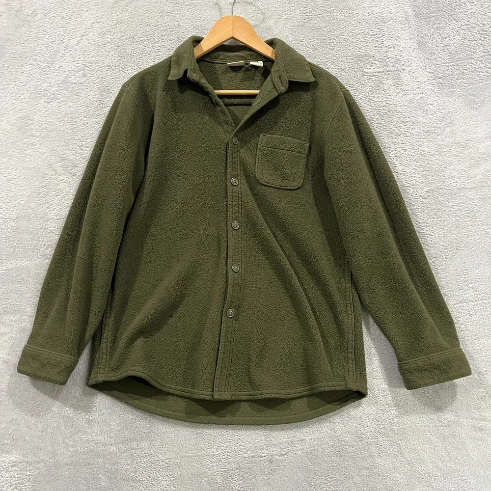 LL Bean Fleece Shacket Kids XL 18 Green Button Up Vintage 90s